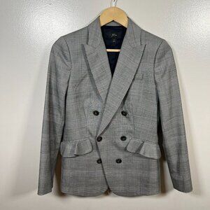 J.Crew Glen Plaid Wool Ruffle Double Breasted Blazer Jacket Size 2 Black Career